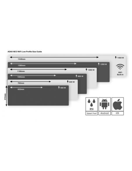 Adax Neo WiFi L elektromos konvektor 1000W, fehér, alacsony kivitel